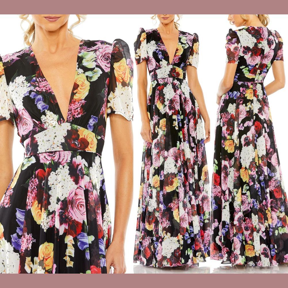 NWD $498 IEENA Mac Duggal [ 20‎ ] Floral Print Mesh Cap Sleeve Gown Black #S1062